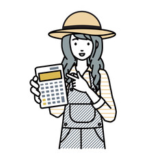 a farmer woman recommending, proposing, showing estimates and pointing a calculator with a smile