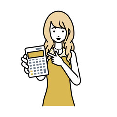 a woman in dress recommending, proposing, showing estimates and pointing a calculator with a smile