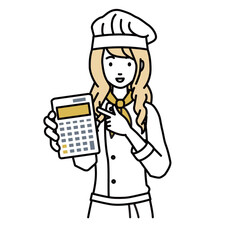 a woman cook recommending, proposing, showing estimates and pointing a calculator with a smile