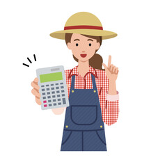 a farmer woman recommending, proposing, showing estimates and pointing a calculator with a smile