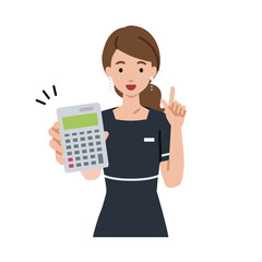 an esthetician, receptionist woman recommending, proposing, showing estimates and pointing a calculator with a smile