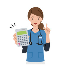 a nurse woman recommending, proposing, showing estimates and pointing a calculator with a smile