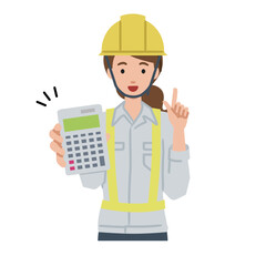 a woman working at construction sites recommending, proposing, showing estimates and pointing a calculator with a smile