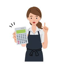 a woman in cafe apron recommending, proposing, showing estimates and pointing a calculator with a smile