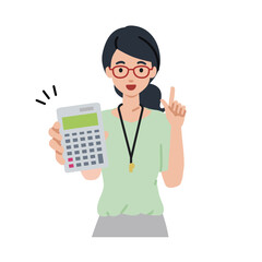 a woman teacher recommending, proposing, showing estimates and pointing a calculator with a smile