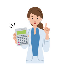 a woman in work jacket style recommending, proposing, showing estimates and pointing a calculator with a smile