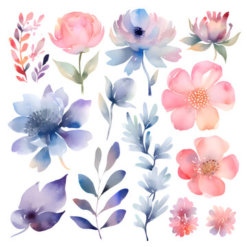 Watercolor flowers set. Hand painted floral elements. Vector illustration.