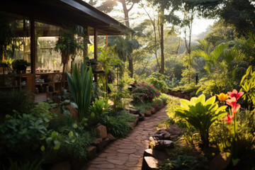 Modern greenhouse with a variety of plants, flowers that grow lush in a protected environment. Generative AI.