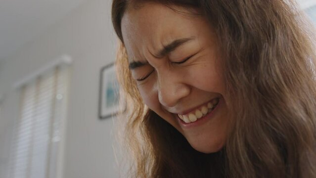 Asia people young Gen Z woman smile open unbox unpack parcel box goods carton packaging happy joy face. Omni channel enjoy buy gift order postal at retail online shop store send courier home service.