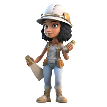3D illustration of a cartoon character with a construction helmet and tools