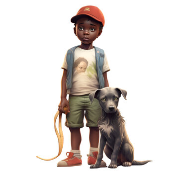 3D Digital Render Of A Cute African American Boy With A Dog Isolated On White Background