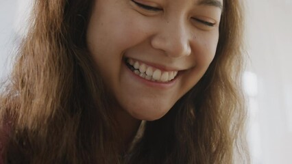 Asia people young Gen Z woman smile open unbox unpack parcel box goods carton packaging happy joy face. Omni channel enjoy buy gift order postal at retail online shop store send courier home service.