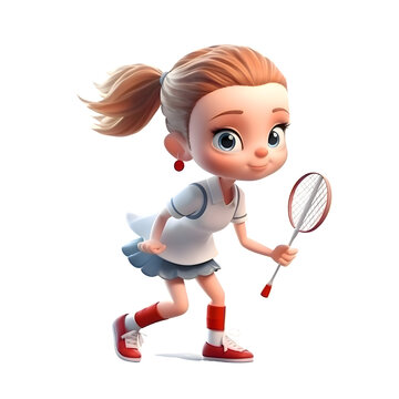 Cute little girl playing badminton isolated on white background.