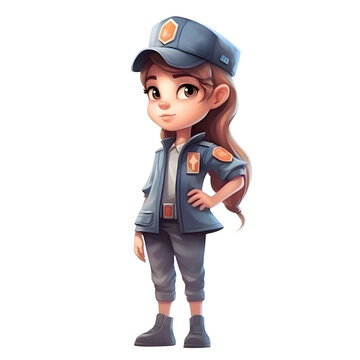 Cute little girl in police uniform. Cartoon character. Vector illustration.