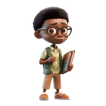 3D Render of an African American Boy with a backpack and book