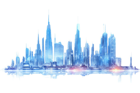 glowing architecture towers rising above a futuristic city skyline, abstract shape isolated on a transparent background, generative ai