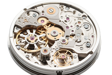 the inner workings of a mechanical watch, abstract shape isolated on a transparent background, generative ai