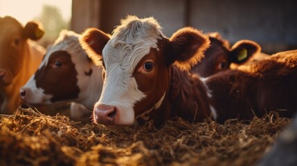 Close up of calves on an animal farm eating food—meat industry concept.
