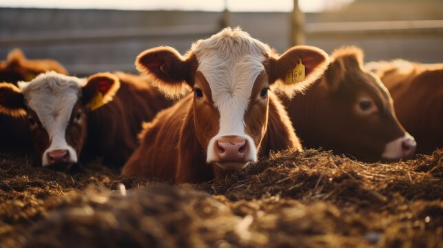 Close up of calves on an animal farm eating food—meat industry concept.