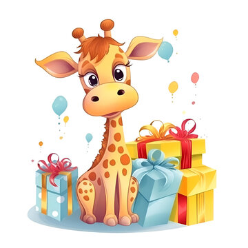 Giraffe with gift boxes. Cute cartoon vector illustration.