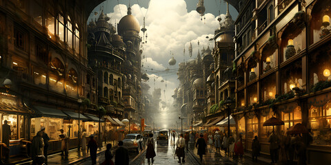 night city street, street, background, dreamcore, 1880s, city, market, surrealism