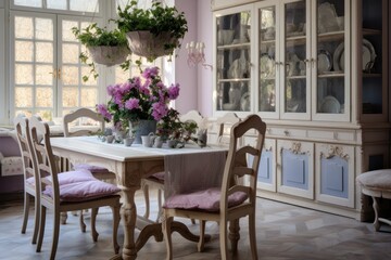 Fototapeta na wymiar Sunny living room with big bouquet on round table, interior in Provence style. ai generative