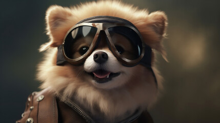 Adorable pomeranian dog with aviator goggles