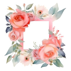 Watercolor floral frame with roses and leaves. Illustration isolated on white background.