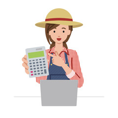 a farmer woman recommending, proposing, showing estimates and pointing a calculator with a smile in front of laptop pc