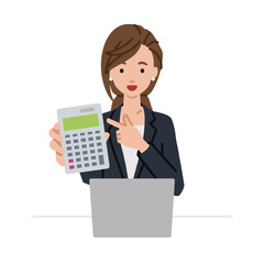 a woman in business suit style recommending, proposing, showing estimates and pointing a calculator with a smile in front of laptop pc