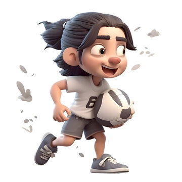 3D Illustration of a Little Girl with a soccer ball running