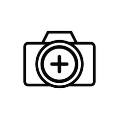 Photo camera with add sign on lens line icon vector. New, add, plus, positive symbol camera icon. Vector illustration outline pictogram for infographic interface or design graphic.