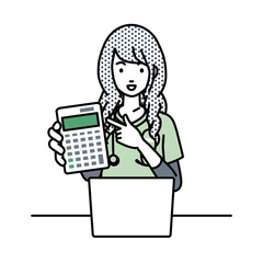 座ってデスクでノートPCを開いて電卓を持ってこちらに向けて見せている看護師の女性