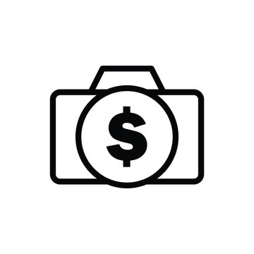 Photo camera with dollar symbol on lens line icon vector. Transaction, money symbol camera icon. Vector illustration outline pictogram for infographic interface or design graphic.