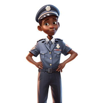 3D Render of Little African American Police Girl with Cop Policeman hat