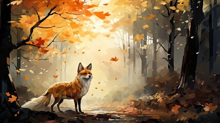 In an enchanting autumn forest, a fairy hovers over a canal. A fox watches, while trees and plants reflect in the river. A beautiful watercolor painting captures this magical moment. Generative AI