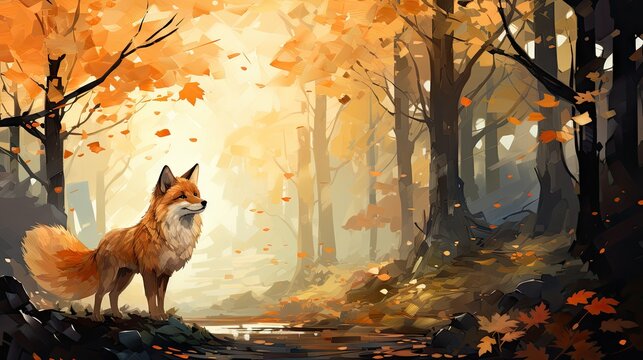 In an enchanting autumn forest, a fairy hovers over a canal. A fox watches, while trees and plants reflect in the river. A beautiful watercolor painting captures this magical moment. Generative AI