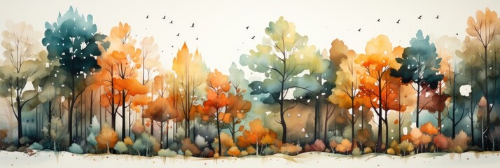 Autumn trees and leaves watercolor on isolated white background. Orange and green color. Generative AI