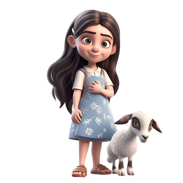 Little girl with a goat on a white background. 3d rendering