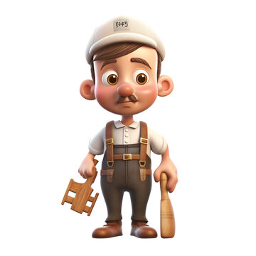 3d rendering of a cartoon worker with a wooden walkie talkie