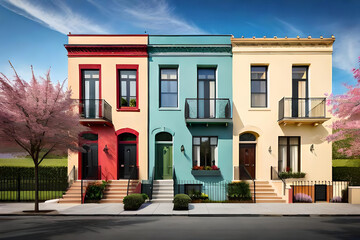 Colorful stucco traditional private townhouses. Residential architecture exterior 