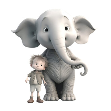 Little boy with an elephant. 3D rendering isolated on white background.
