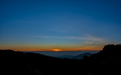 Scenic view of Mountains against sky during sunrise. Countryside landscape view background.