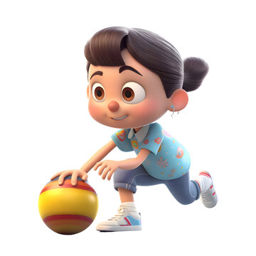3D Render of a Little Girl Running with a Ball.Isolated White Background