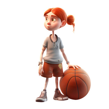 3d rendering of a little girl with basketball isolated on white background