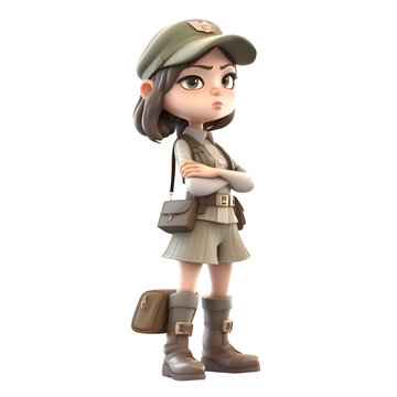 3D rendering of a cute little girl wearing a safari outfit