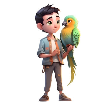 3D Render of a boy with a parrot on his shoulder