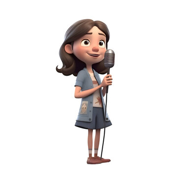 3D Render of Little Girl with karaoke microphone on white background
