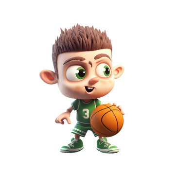3d rendering of a cute boy with basketball isolated on white background