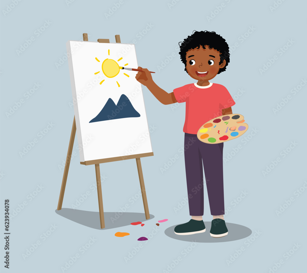 Poster Cute little African boy artist holding color palette and paintbrush painting on the canvas